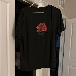 Black T-Shirt with Red Rose Design
